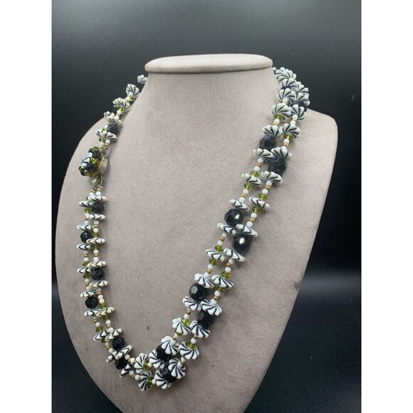 Double Strand Retro Necklace Flower Beads Plastic Glass Green White Black Gold - Picture 6 of 10